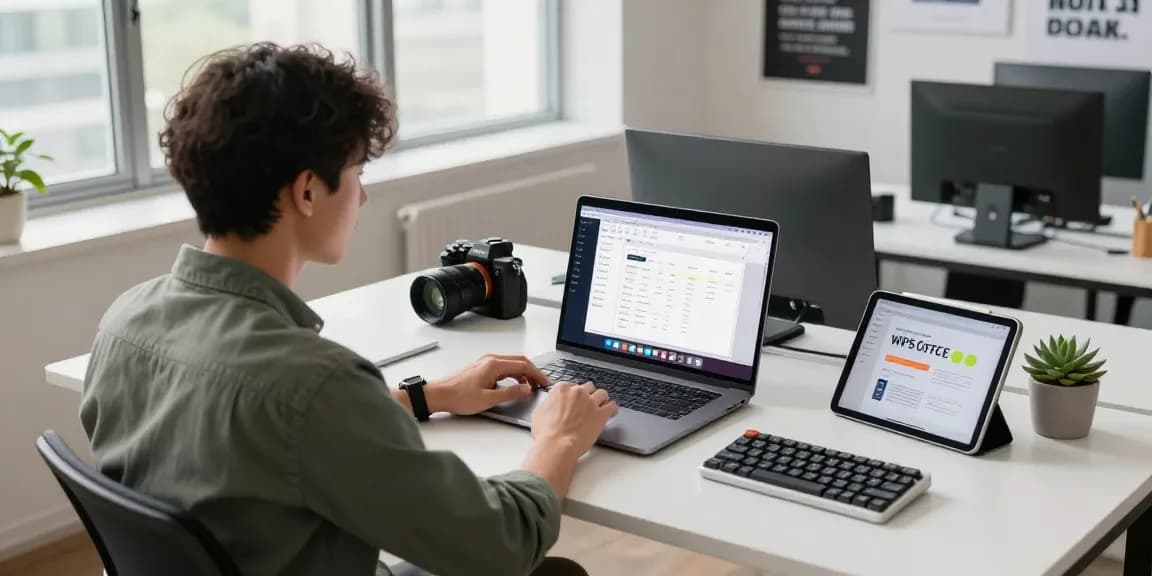 Download WPS Office: Professional working at a modern office desk with WPS Office displayed on the laptop.