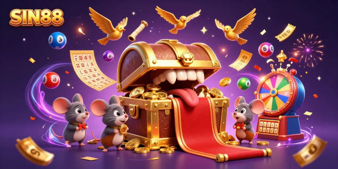 Win big with SIN88 in a lively lottery scene featuring treasures and dynamic game elements.