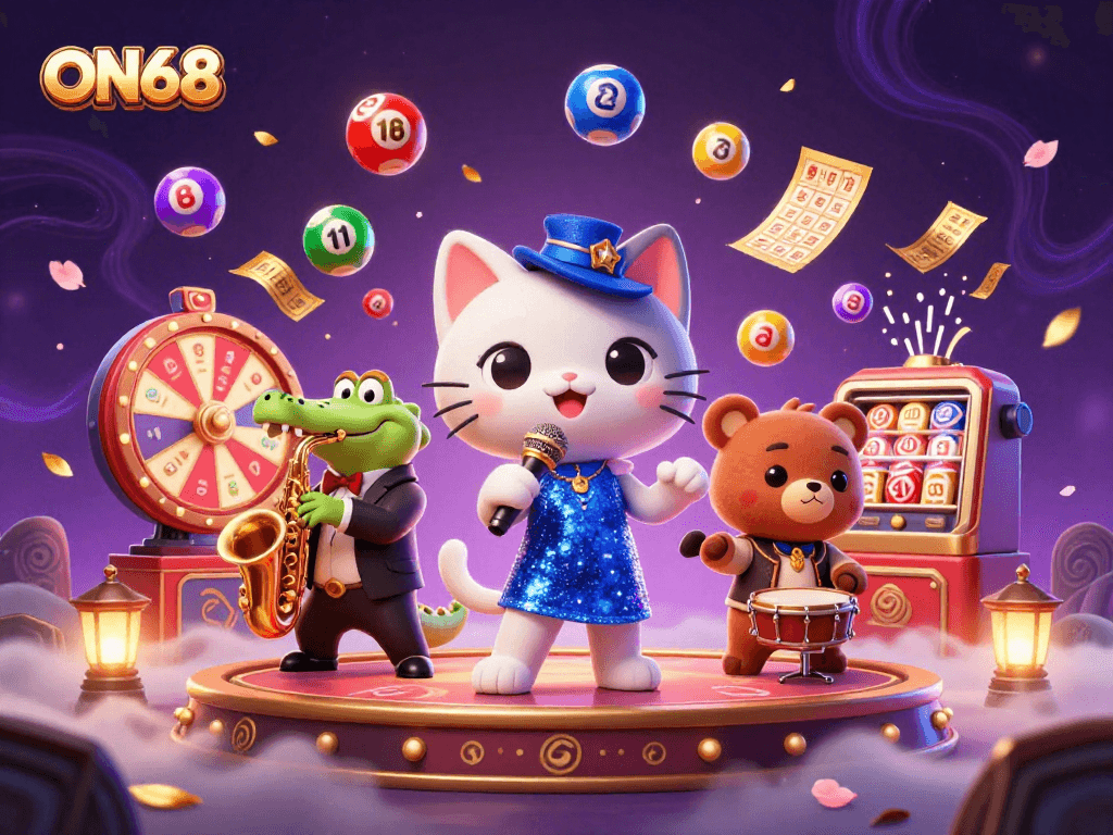 Experience ON68's exciting casino games with a vibrant scene featuring lively characters, colorful lottery elements, and a dazzling atmosphere.