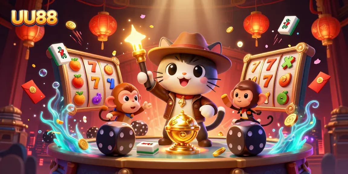 Feel the rush of winning with UU88's vibrant 3D depiction of a cat adventurer discovering casino treasures.