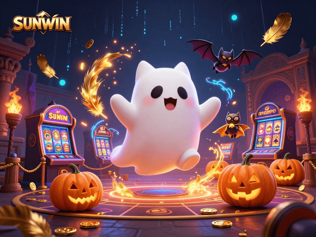 SUNWIN promotes a thrilling casino atmosphere with a ghostly cat and bat companions, surrounded by festive elements that highlight gaming excitement.