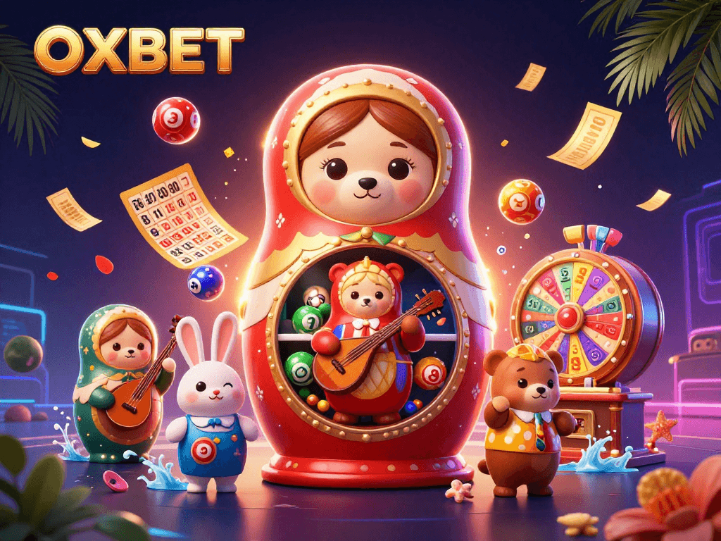 Engage in exciting casino fun with OXBET through vibrant 3D illustrations showcasing lottery dynamics.