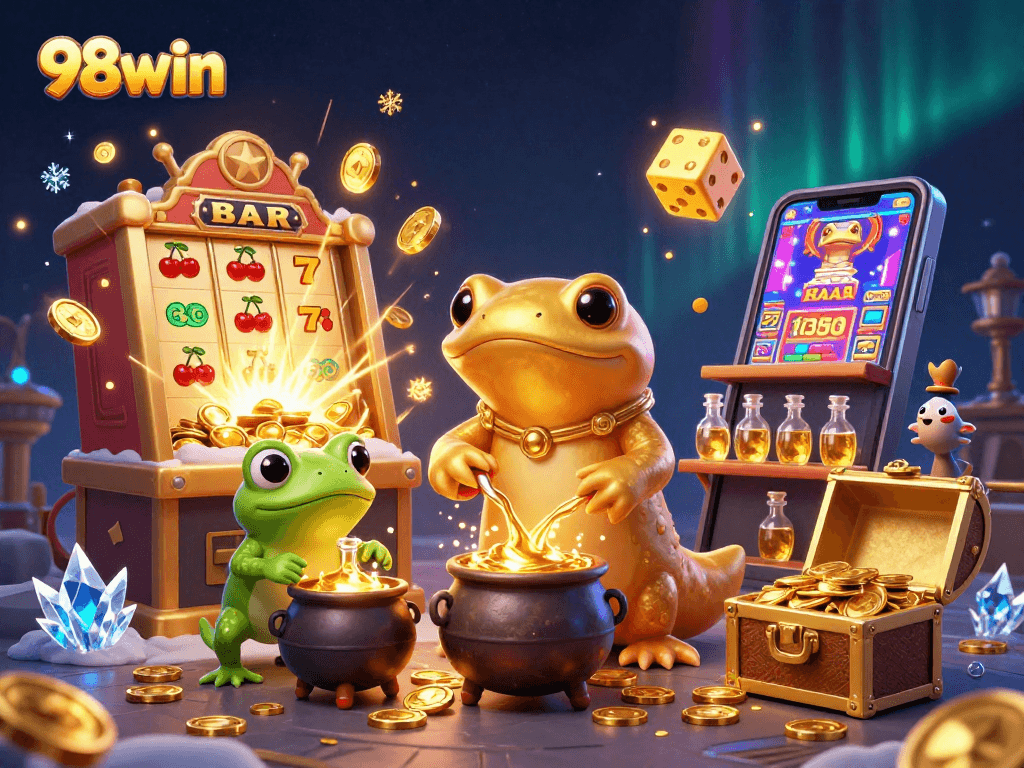 Play engaging casino games with 98win's vibrant 3D illustration of alchemical gold creation.