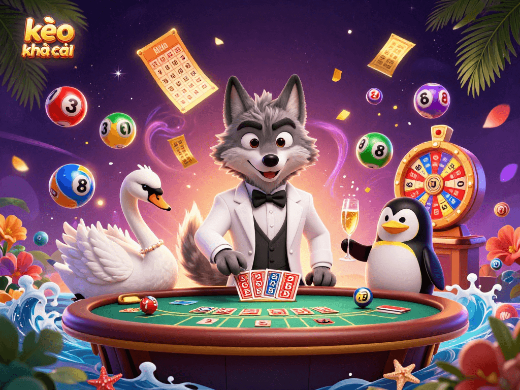 Illustration of kèo nhà cái with a debonair wolf at the baccarat table and a swan dealer surrounded by lottery balls.