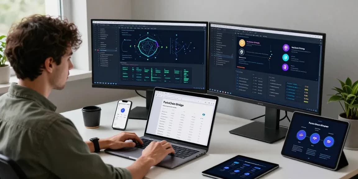 PulseChain Bridge in action, showcasing a developer using technology to transfer ETH and PLS tokens seamlessly in a modern workspace.