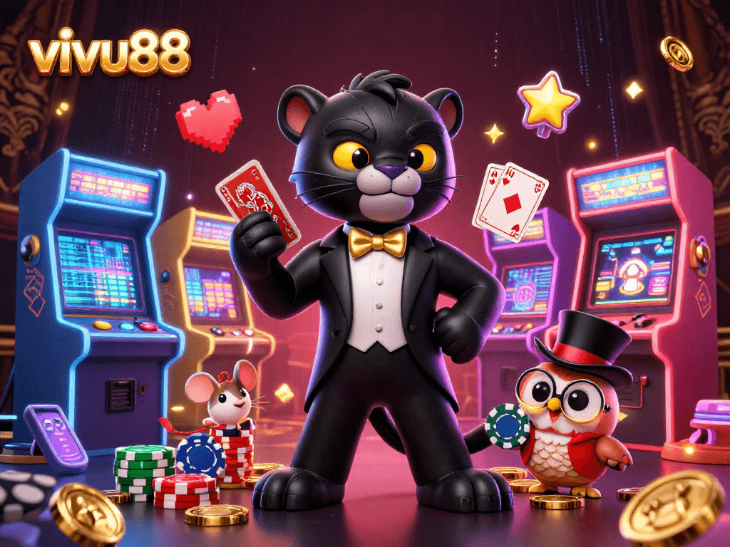 Experience the excitement of vivu88 with a stylish panther dealer and charming characters at a vibrant casino scene.
