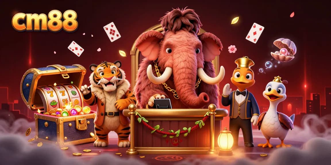 cm88 showcases a vibrant casino scene with a mammoth bouncer, VIP saber-tooth tiger, and dynamic slot reels.