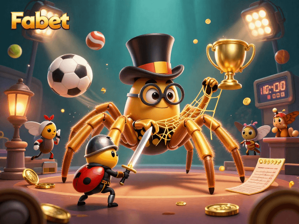 Experience Fabet's thrilling action with a golden tarantula weaving a web among dynamic sports elements.