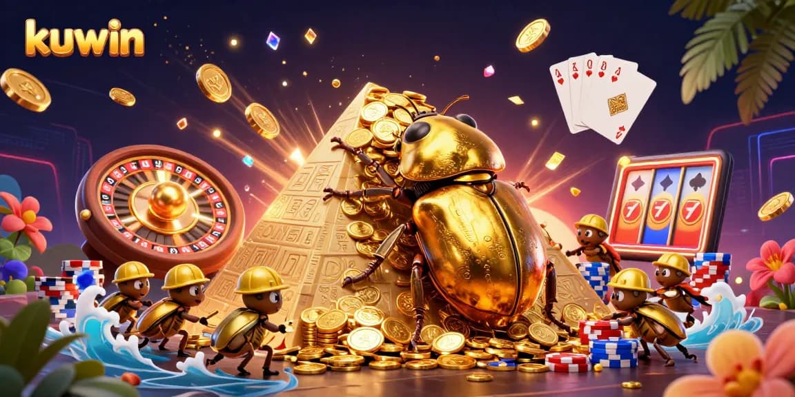 Kuwin brings the thrill of gaming alive with a vibrant casino scene featuring golden coins and poker elements.