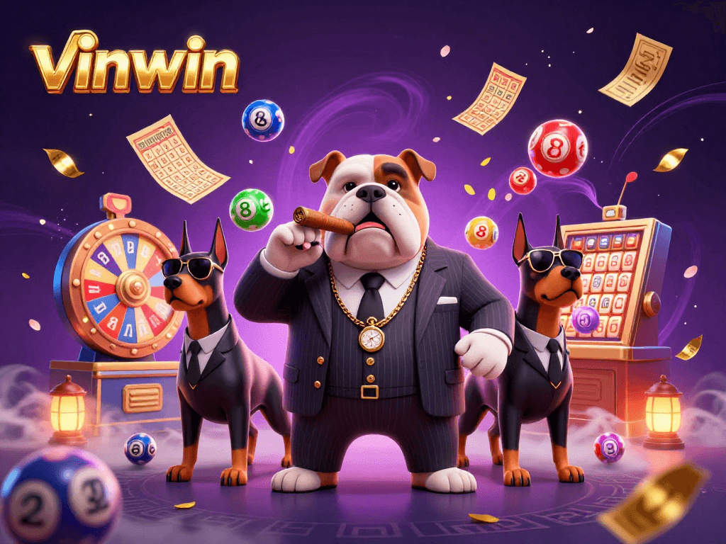 Experience excitement at vinwin with dynamic lottery balls, a mafia bulldog, and thrilling casino elements.