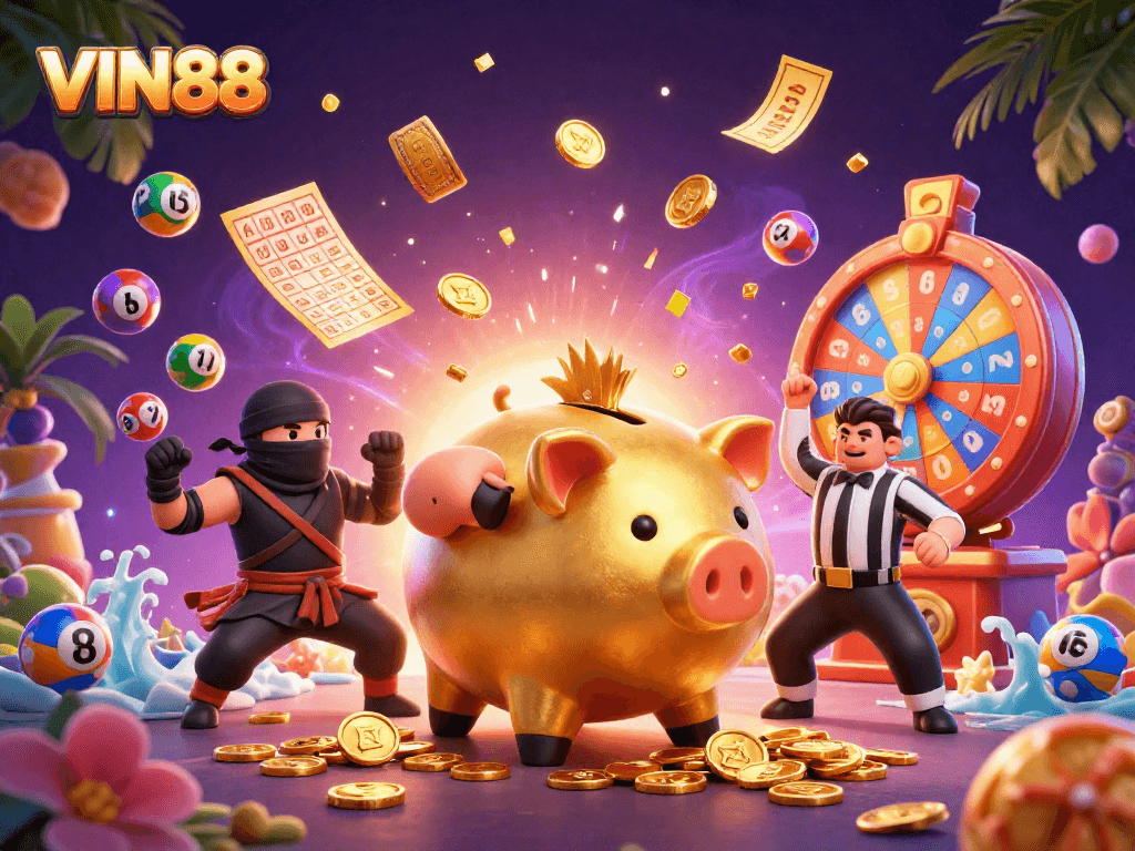 Experience thrilling gameplay at VIN88 with vibrant lottery balls and casino elements in an engaging scene.
