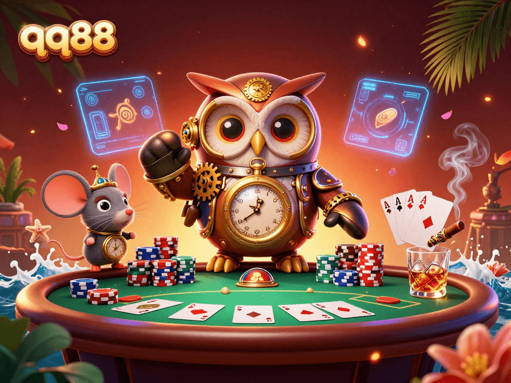 Experience the thrill of qq88 gaming in a vibrant casino scene with a time-traveler owl and futuristic elements.