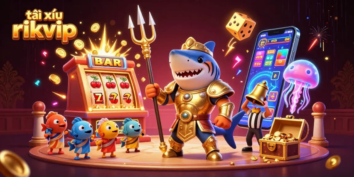 Experience the thrill of tài xỉu rikvip with a vibrant underwater casino scene featuring a golden shark and jackpot elements.