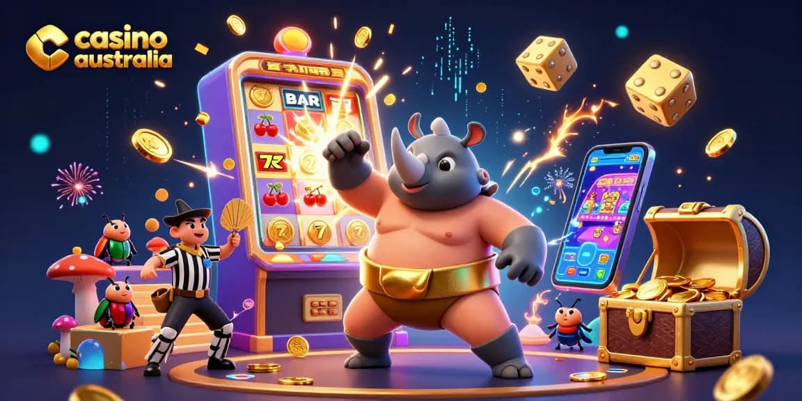 Experience the thrill of casino australia with an exciting beetle sumo match amidst vibrant casino elements.