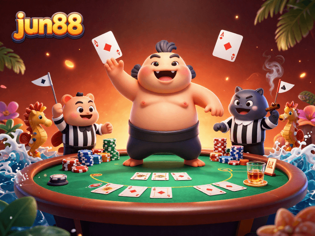 Experience the thrilling casino action at jun88 with animated fugu and exciting poker elements.