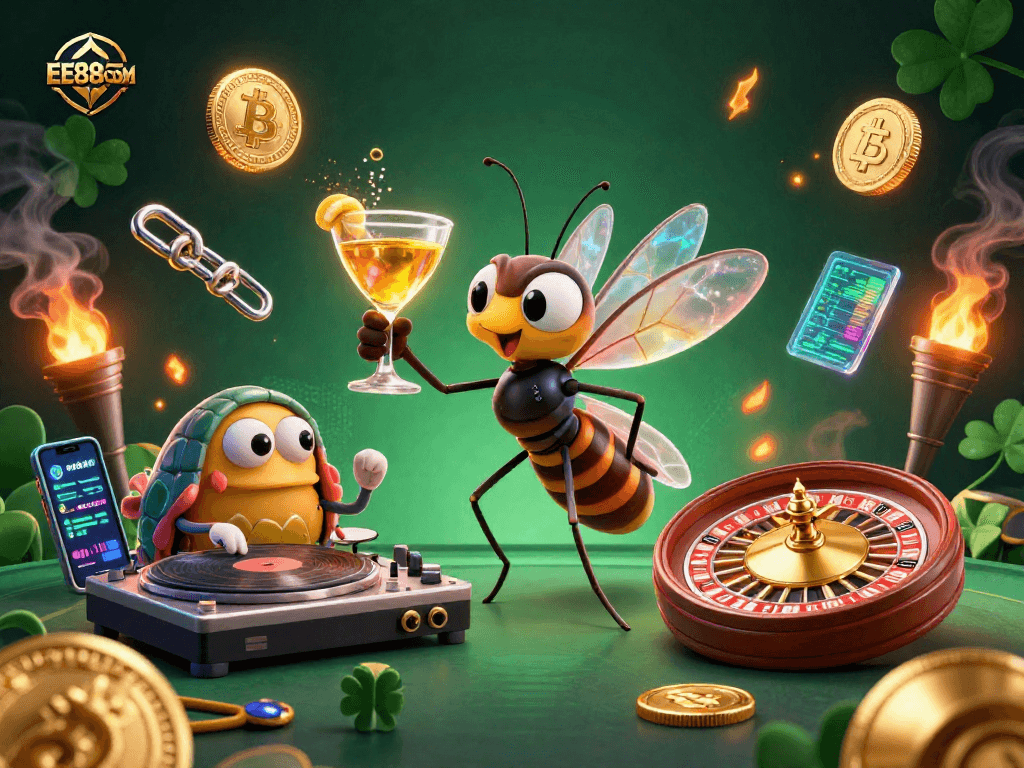 Engage with EE88COM's unique casino scene featuring a vibrant mascot, trilobite DJ, and golden roulette.