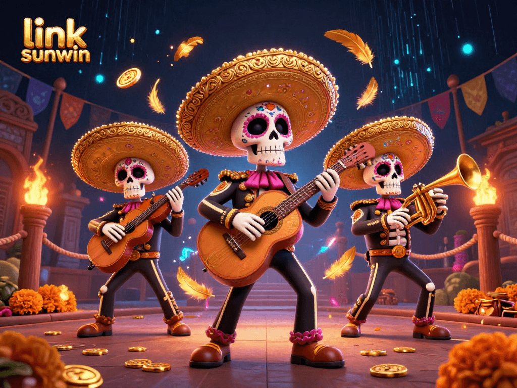 Engage in thrilling fun at link sunwin with lively mariachi skeletons amidst vibrant casino elements