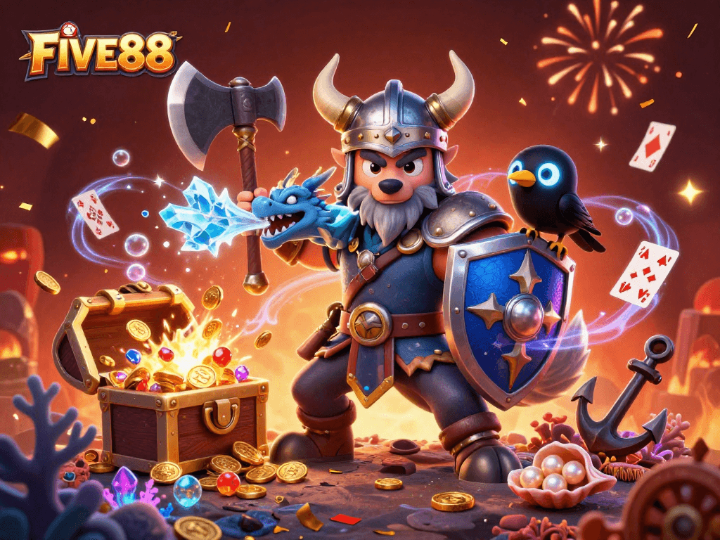Engage with FIVE88 in a vibrant 3D scene featuring a Viking warrior and dragon amidst casino elements.