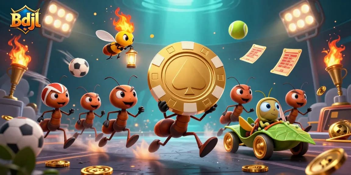 Ants execute a thrilling heist in the bustling world of Bdjl casino, surrounded by vibrant sports elements.