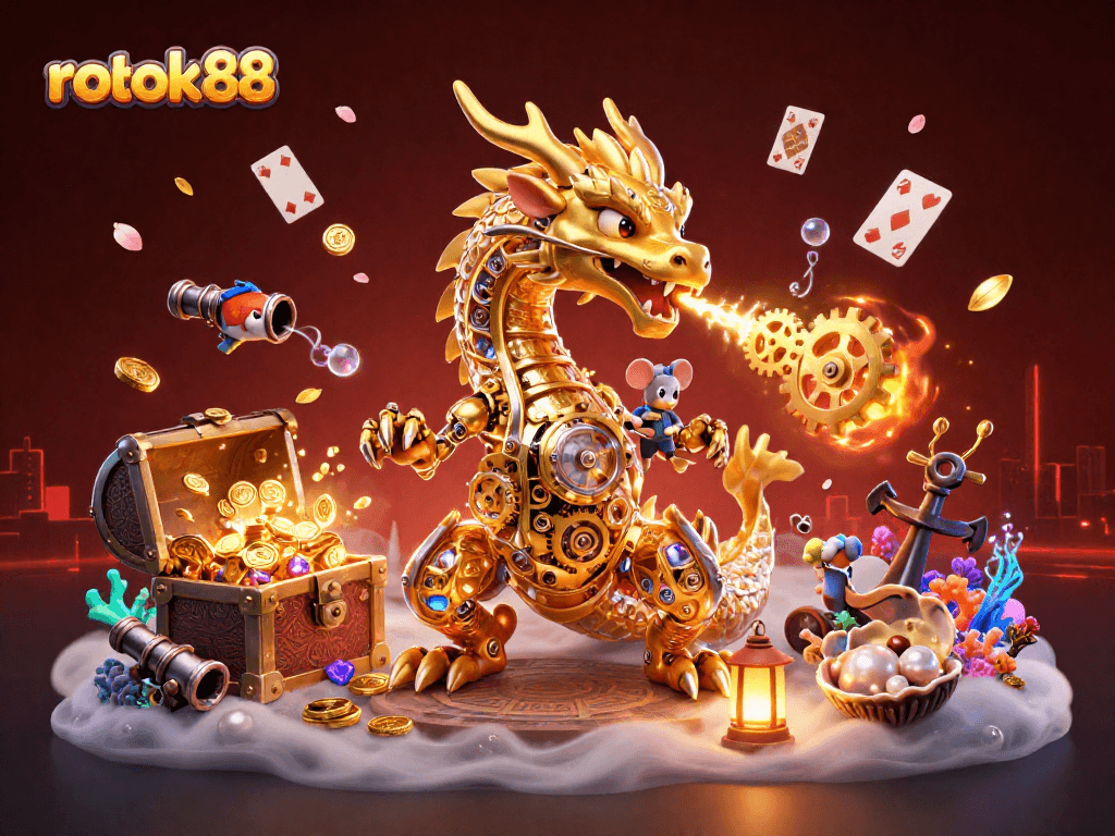 Experience the excitement of rokok88 with its golden dragon and treasure-filled underwater scene.