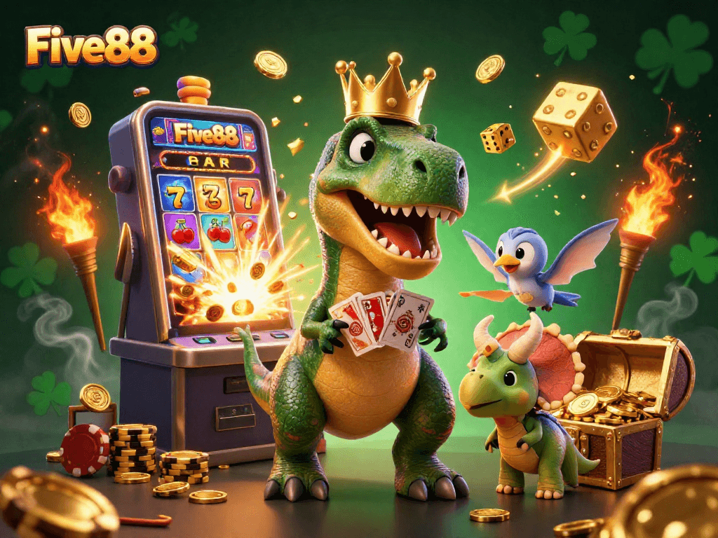 Experience the excitement of Five88 with lively casino characters shuffling cards and stacking chips.