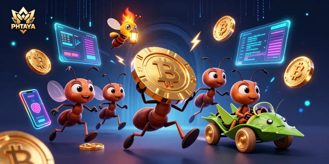 PHTAYA features vibrant 3D ants heist with golden poker chip amid crypto elements, showcasing exciting online gambling.