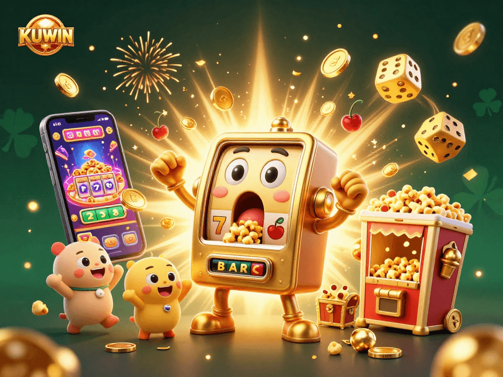 KUWIN slot machine celebration with jackpot explosion and exciting casino elements in a vibrant scene.