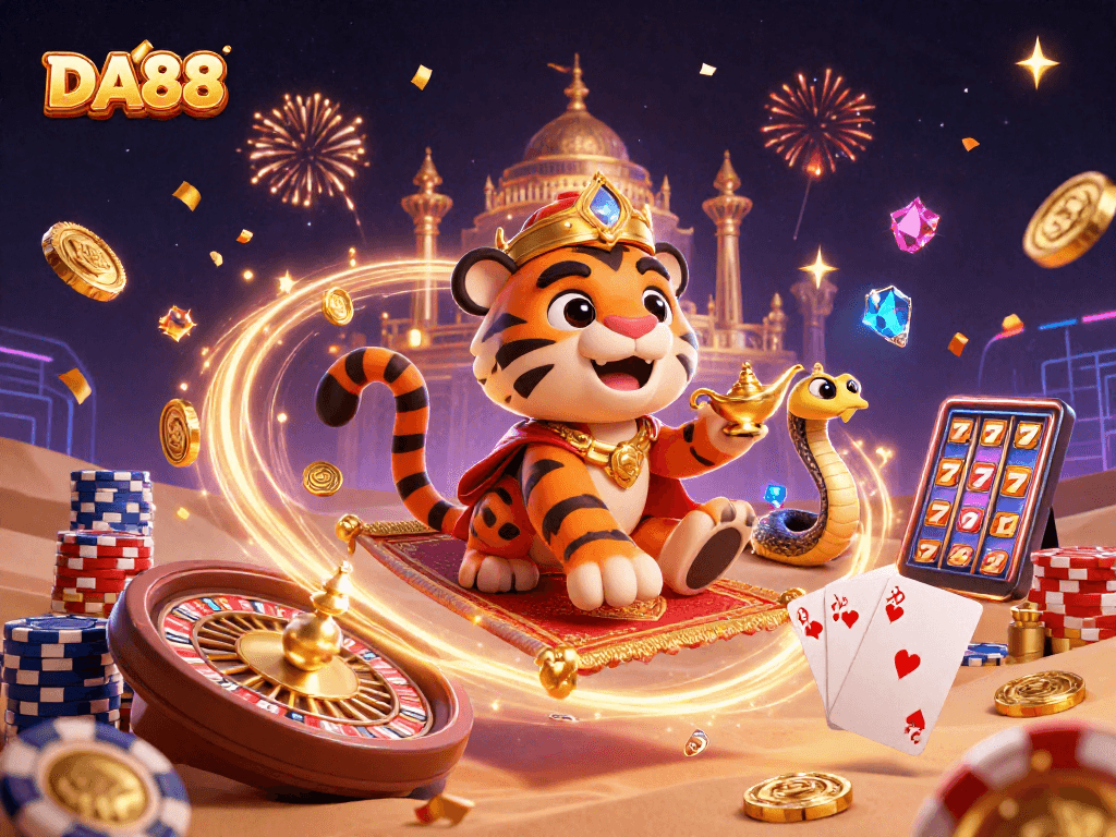Spin and win at DA88 with a vibrant 3D casino scene showcasing exhilarating game elements.
