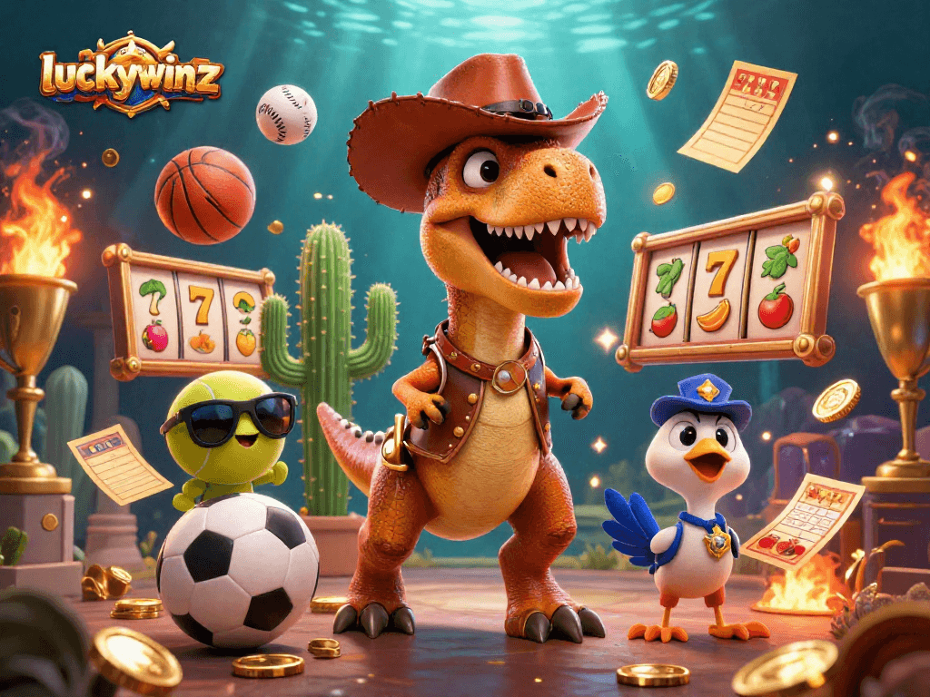Engage with luckywinz as a cartoon cowboy dinosaur and friends play thrilling slots and sports games.