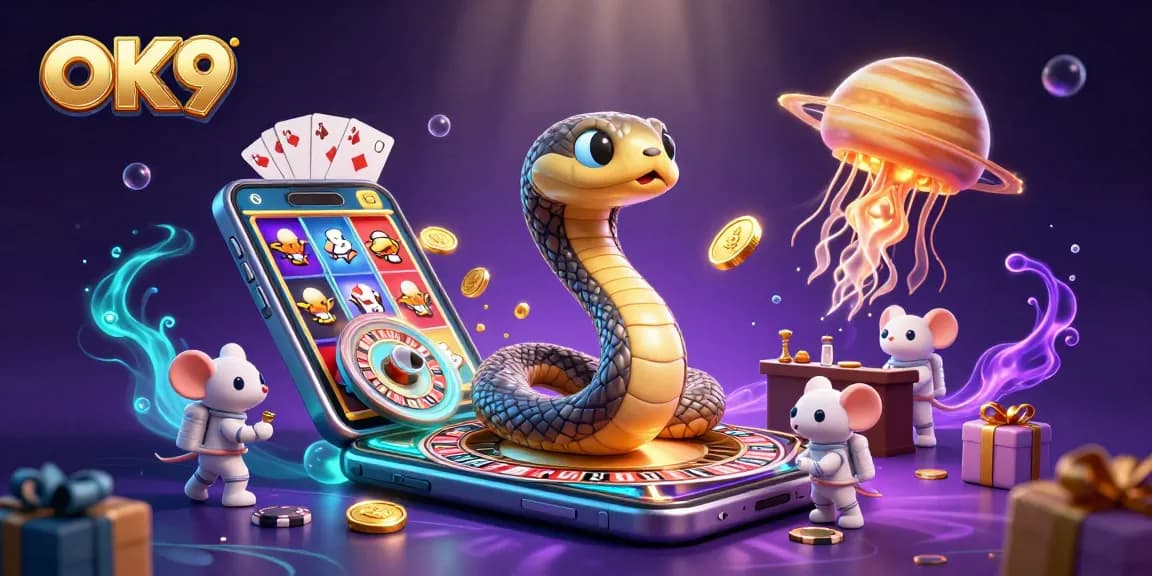 Experience exciting gameplay at OK9 with a 3D cartoon scene of cosmic betting and adventure.
