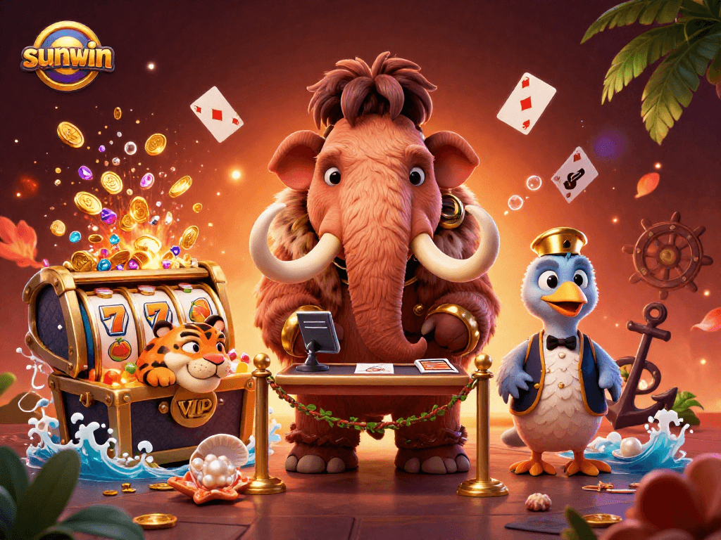 Experience exciting slots at Sunwin with a dynamic scene of casino characters and game elements.