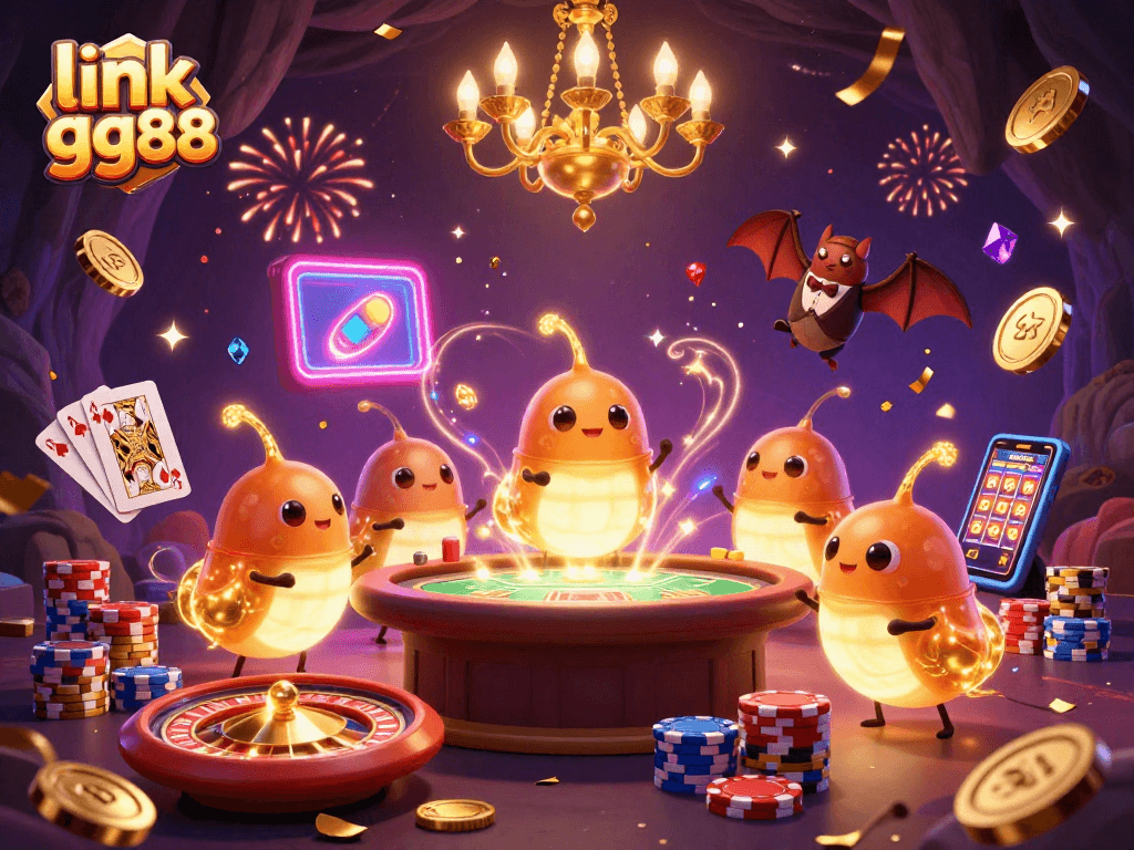 Join the excitement at link gg88 with a vibrant 3D casino scene featuring glowworms and dynamic gaming elements.