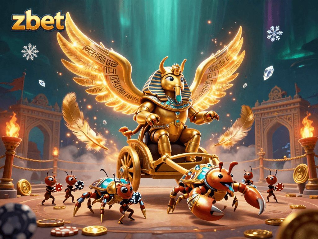 Zbet introduces thrilling casino action with a golden scarab beetle and poker chips to elevate your gaming experience.