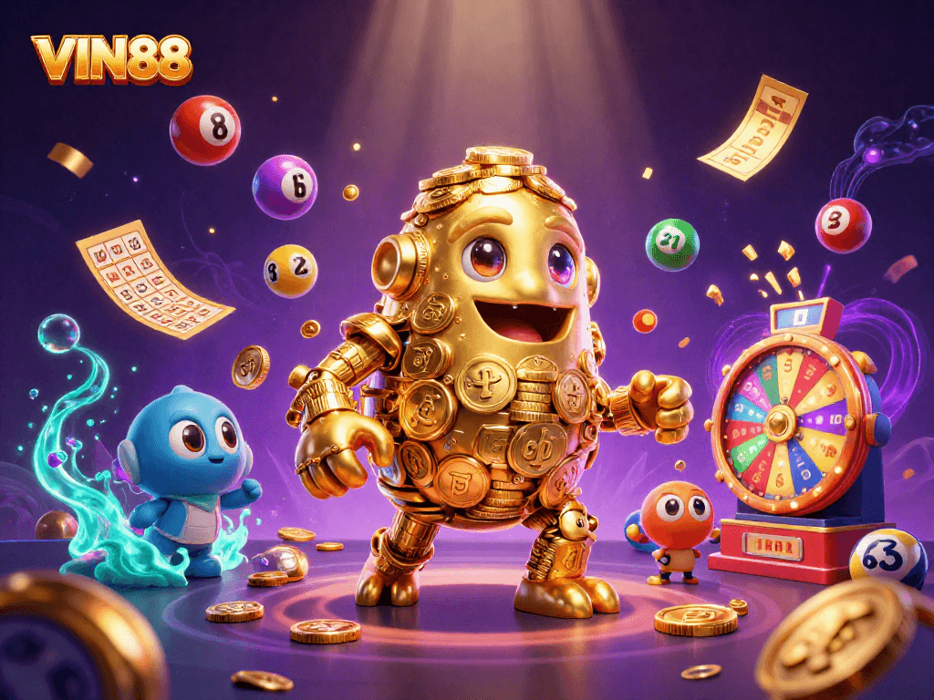 Engage with VIN88 in this vibrant casino-themed illustration featuring golden golem and lottery elements.
