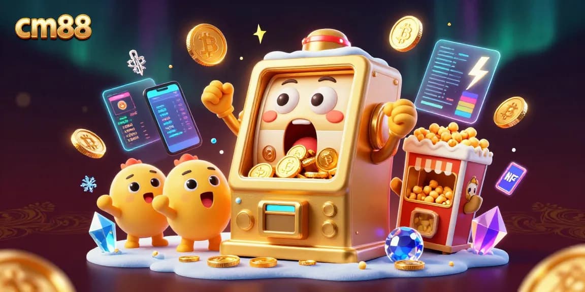 Experience the excitement of cm88 as the golden slot machine hits the jackpot amidst glowing coins and vibrant digital elements.