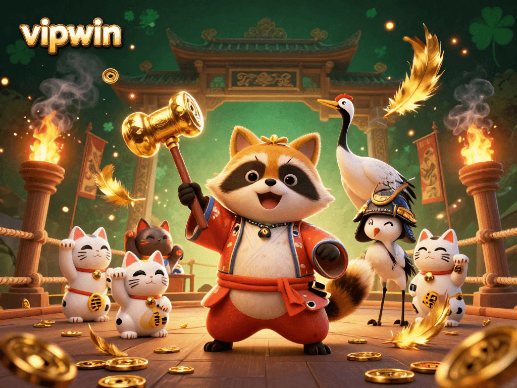 Engage with vipwin's vibrant casino experience featuring a cheerful tanuki and lucky symbols.