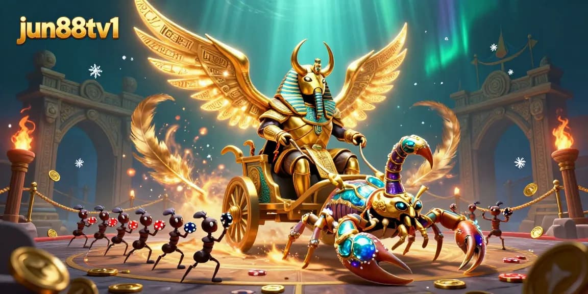 Engage in thrilling gambling action at jun88tv1 with a vibrant casino scene featuring ancient symbols, gold, and dynamic chariot racers.