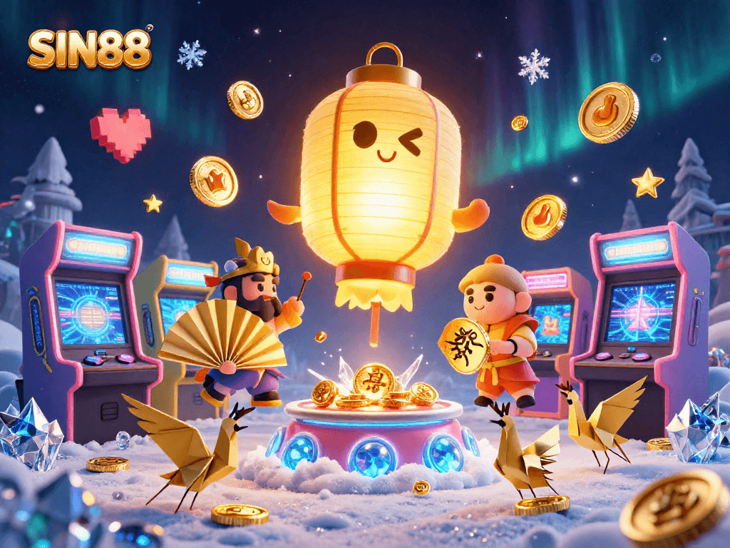 SIN88 showcases vibrant casino energy with a golden lantern spirit and arcade excitement.