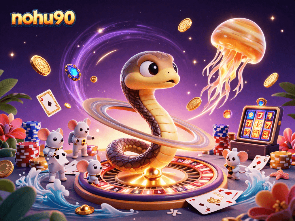 Join the cosmic betting frenzy with nohu90 as astronaut mice spin the roulette wheel in this vibrant 3D scene.