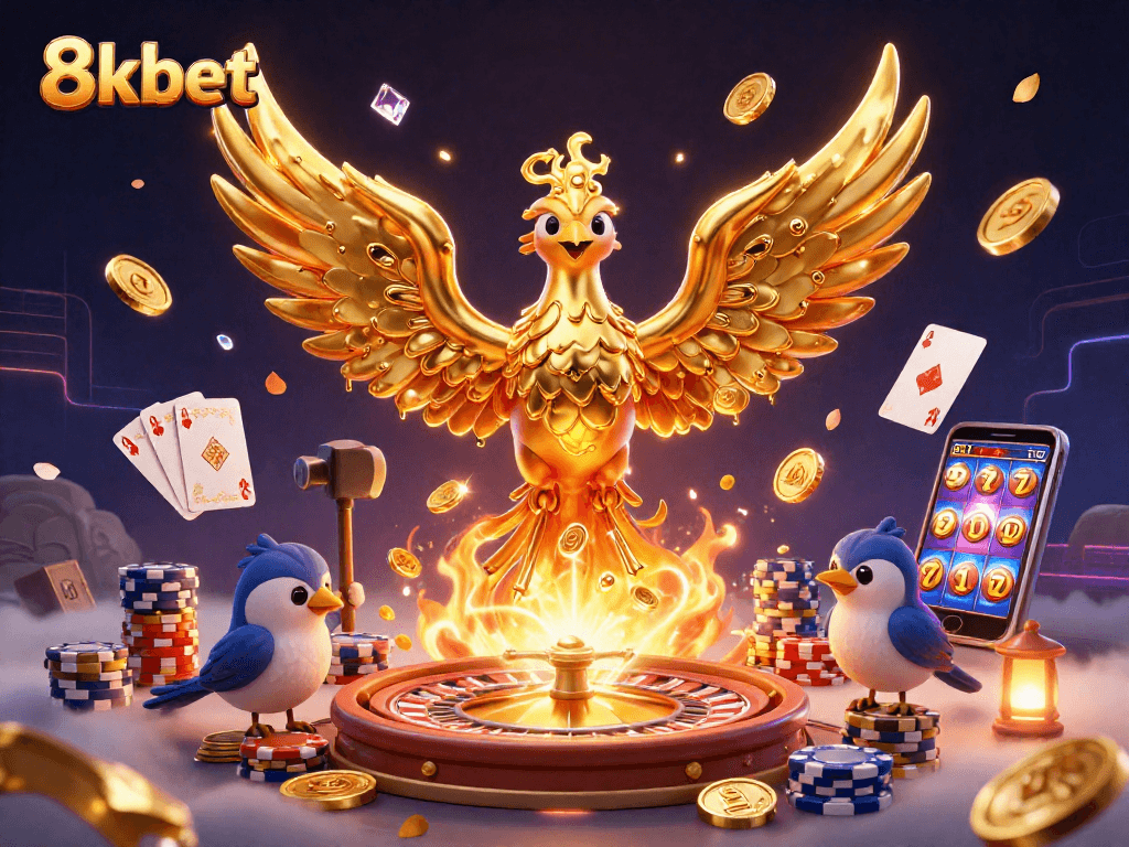 Experience the excitement of 8kbet with a golden phoenix and casino treasures.