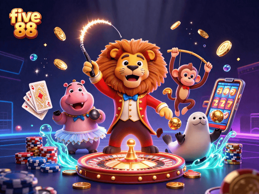 Experience winning at five 88 with captivating characters and rich casino elements in this vibrant illustration.