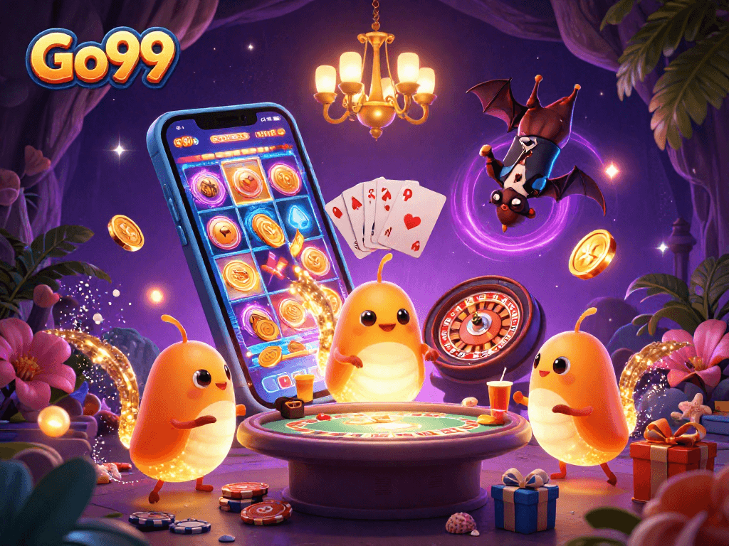 Experience exciting gameplay at Go99 with vibrant glowworm characters lighting the casino scene.