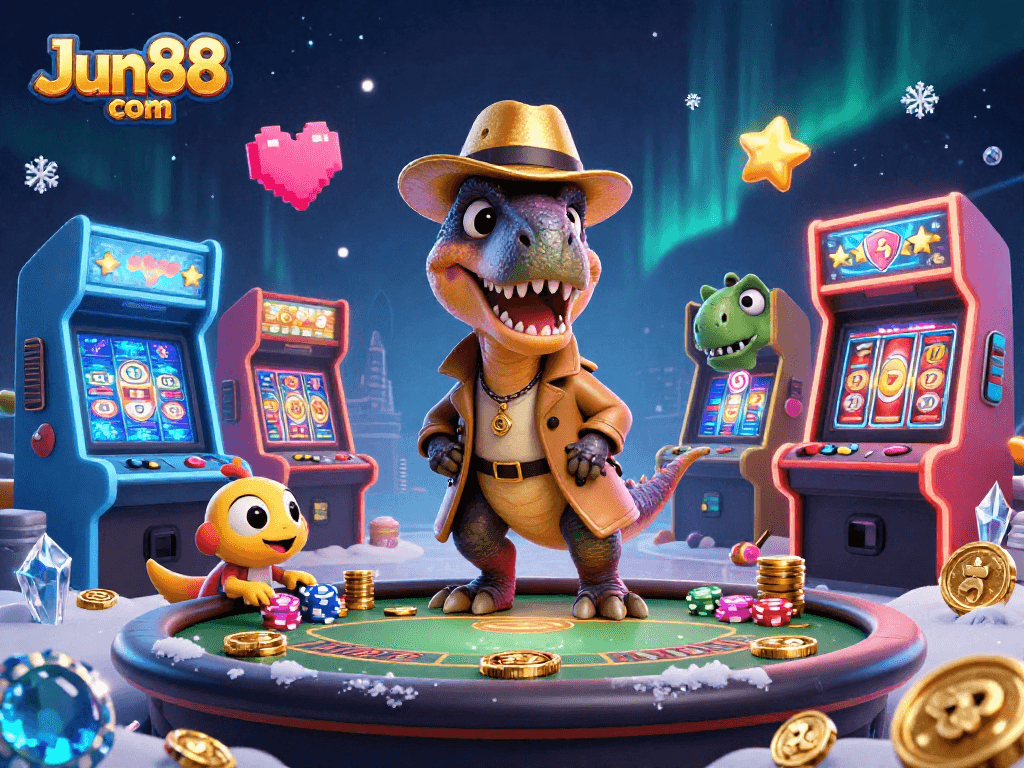 Experience thrilling gameplay at Jun88 com with a velociraptor card counter at a casino.
