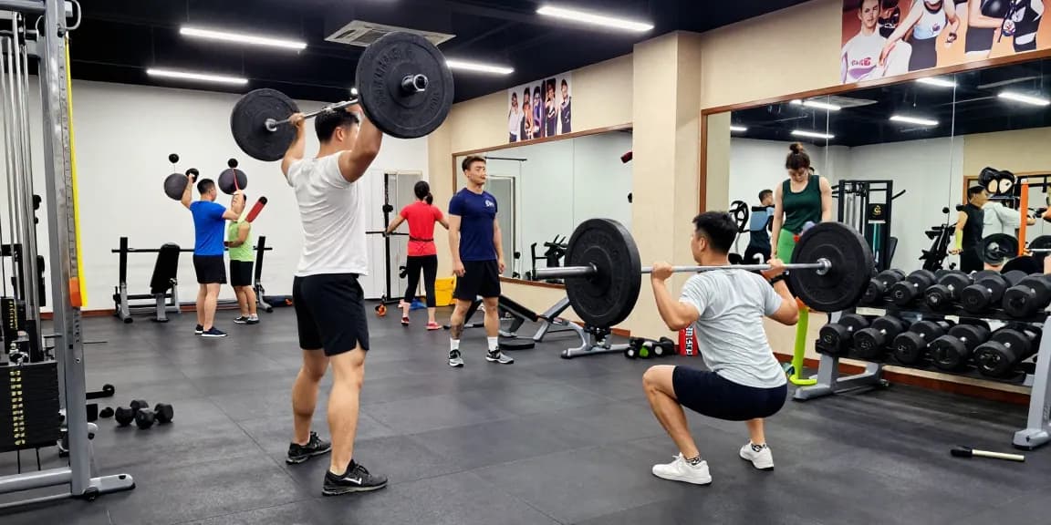Een energieke fitnessomgeving bij Unique Pharma Steroïden Winkel met enthousiaste sporters die gewichten tillen en squats doen.