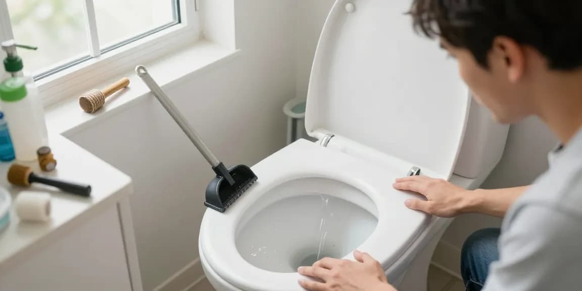 Verstopte wc met persoon die zich zorgen maakt in de badkamer, urgentie van professionele hulp