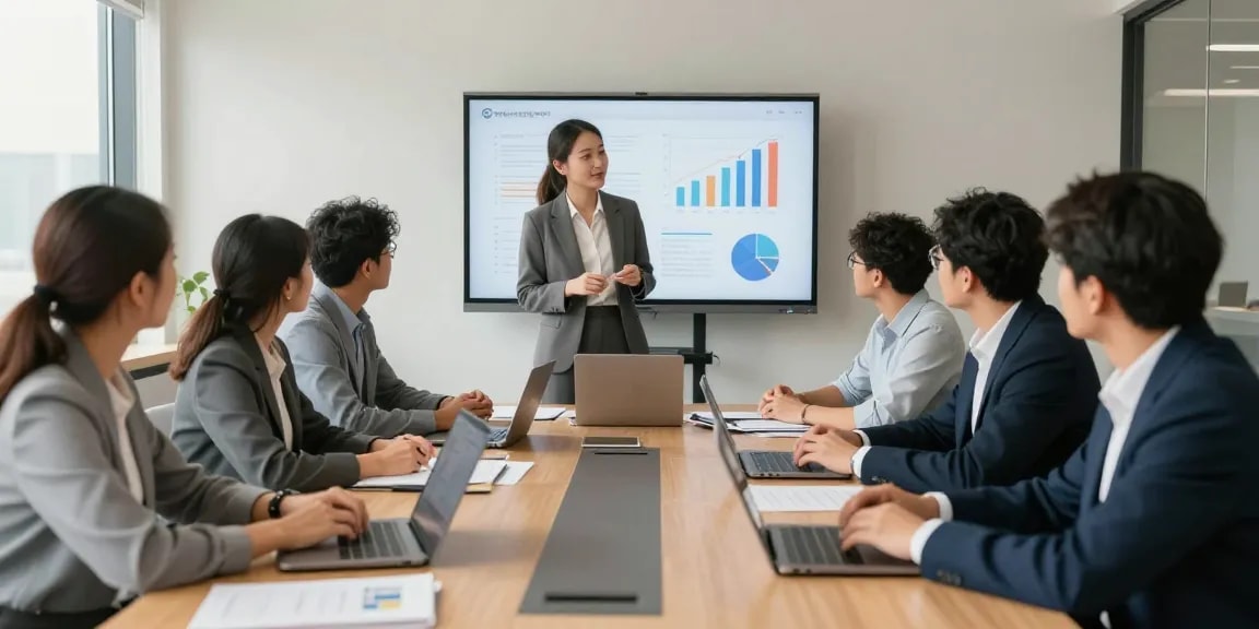 De bedrijvengids voor Nederland toont een moderne zakelijke vergadering met een divers team dat strategie bespreekt in een heldere kantooromgeving.