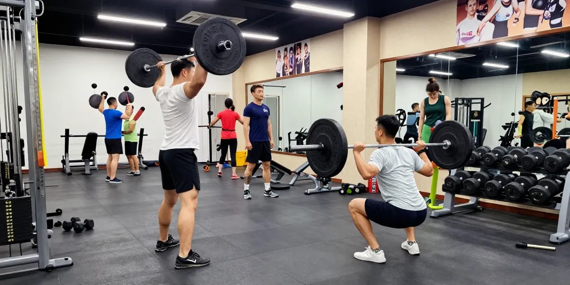 Een energieke fitnessomgeving bij Unique Pharma Steroïden Winkel met enthousiaste sporters die gewichten tillen en squats doen.