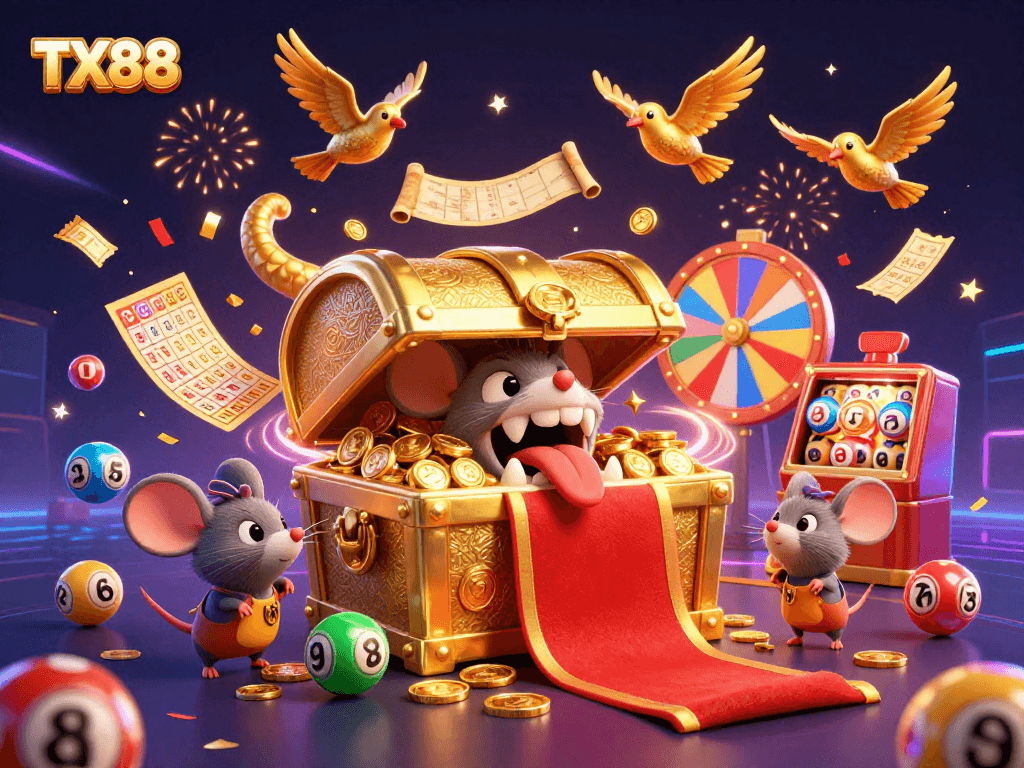 Experience thrilling gameplay with TX88 as treasure chest mimic beckons players in a lively casino scene.