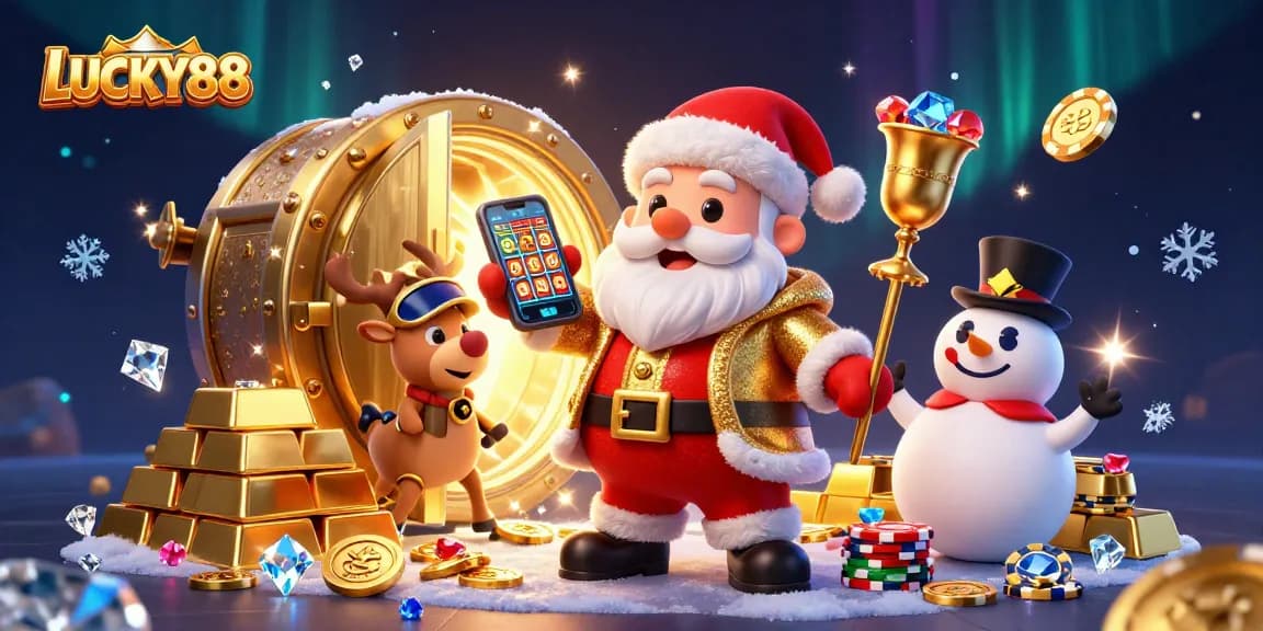 LUCKY88 Santa Claus celebrating with jackpot slots, gold treasures, and festive companions.
