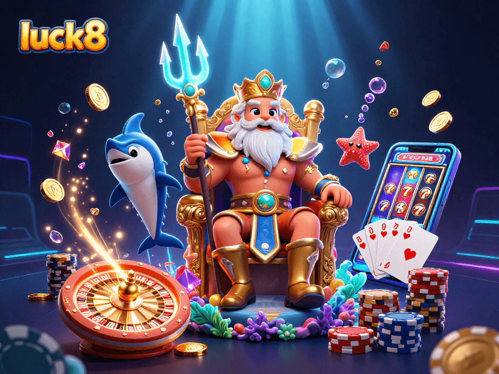 Experience thrilling gaming action at luck8, featuring dazzling casino elements and underwater treasures.